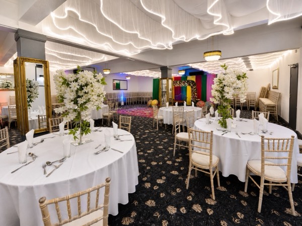 The hall at Green Lane Banqueting dressed for a celebration